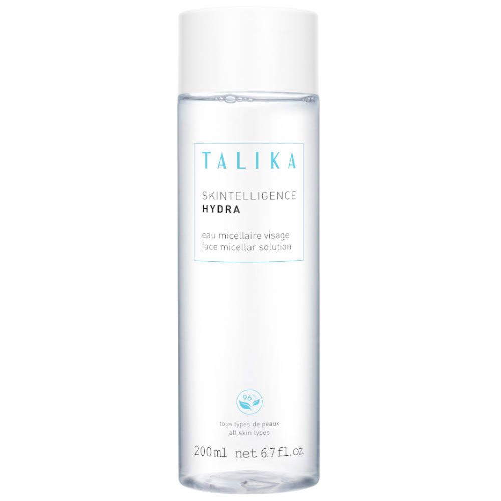 TALIKA Skintelligence Hydra Mizellenwasser. Flacone trasparente, tappo bianco. Scritta blu su etichetta bianca.