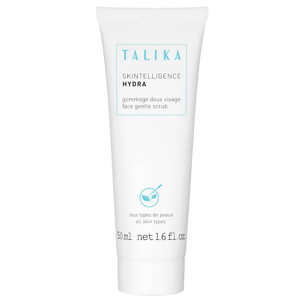 Tubo bianco TALIKA. Scritto: Skintelligence Hydra, gommage doux visage, face gentle scrub. Per tutti i tipi di pelle. 50ml.