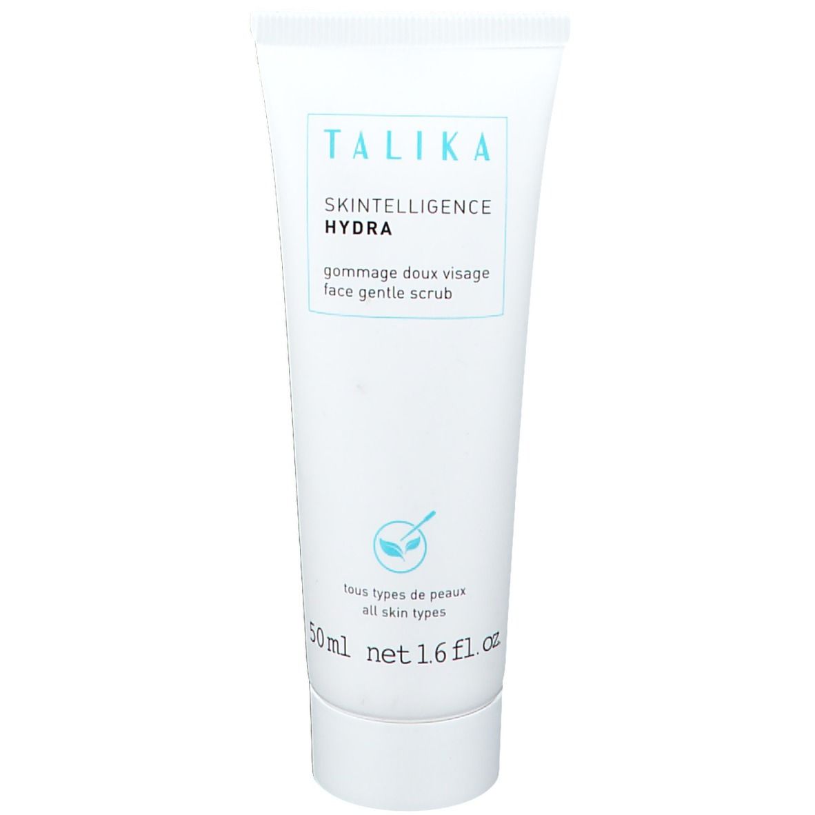 Tubo bianco TALIKA. Scritto: Skintelligence Hydra, gommage doux visage, face gentle scrub. Per tutti i tipi di pelle. 50ml.