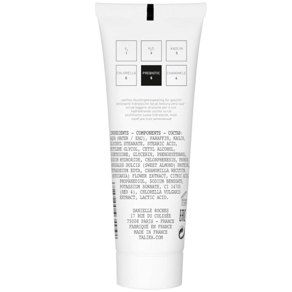 Retro del tubo bianco. Testo: Ingredienti, Prebiotico, Clorella, Camomilla. Indirizzo del produttore: Danielle Roches, Parigi. Fatto in Francia.