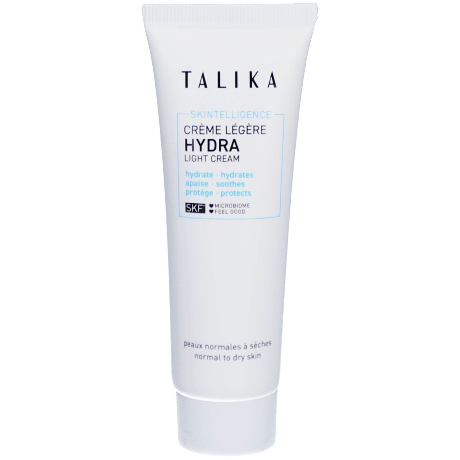 Tubo bianco con informazioni sul prodotto. Testo: "TALIKA", "SKINTELLIGENCE HYDRA", crema.