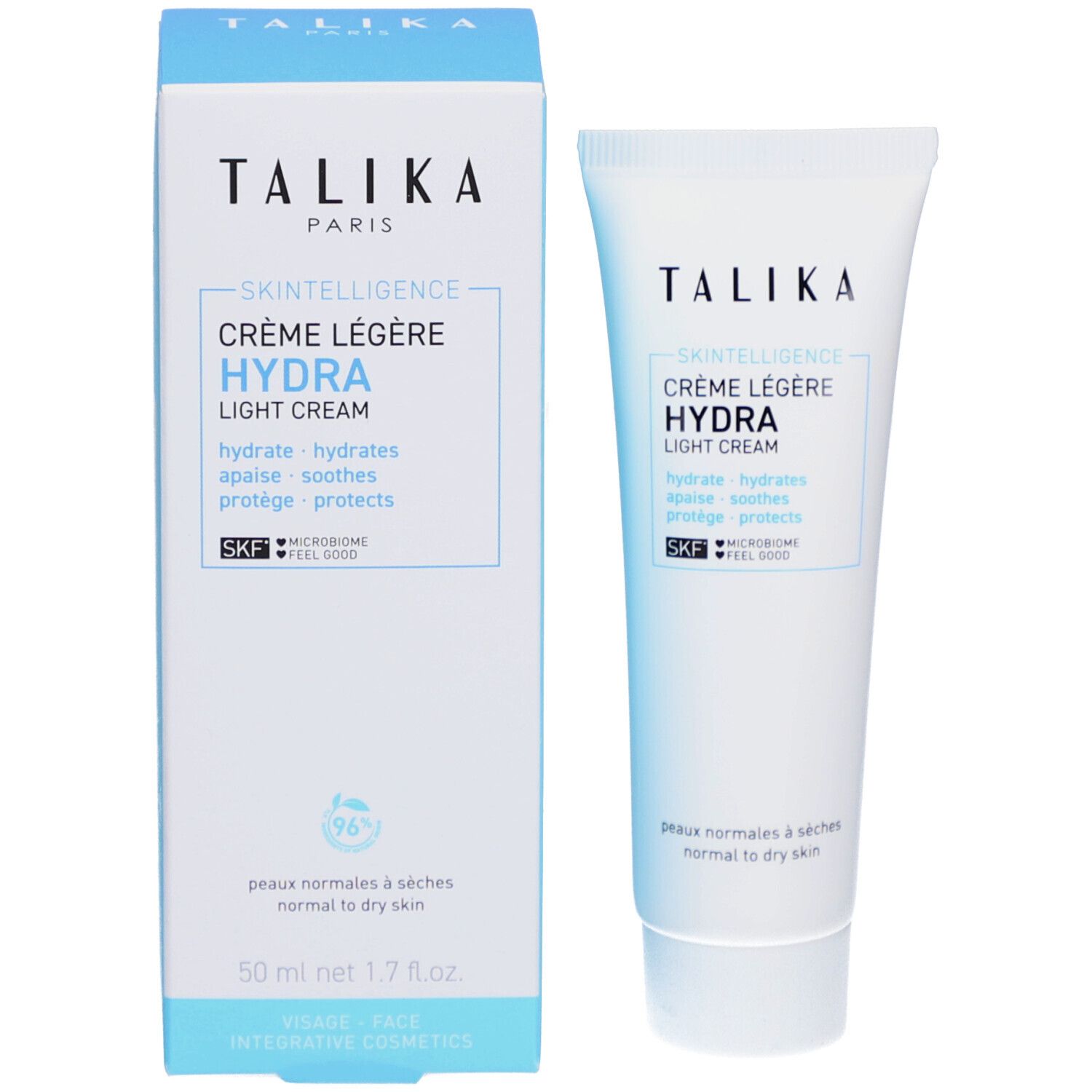 Confezione bianca con tubo. Testo: "TALIKA", "SKINTELLIGENCE HYDRA", crema. 50 ml.