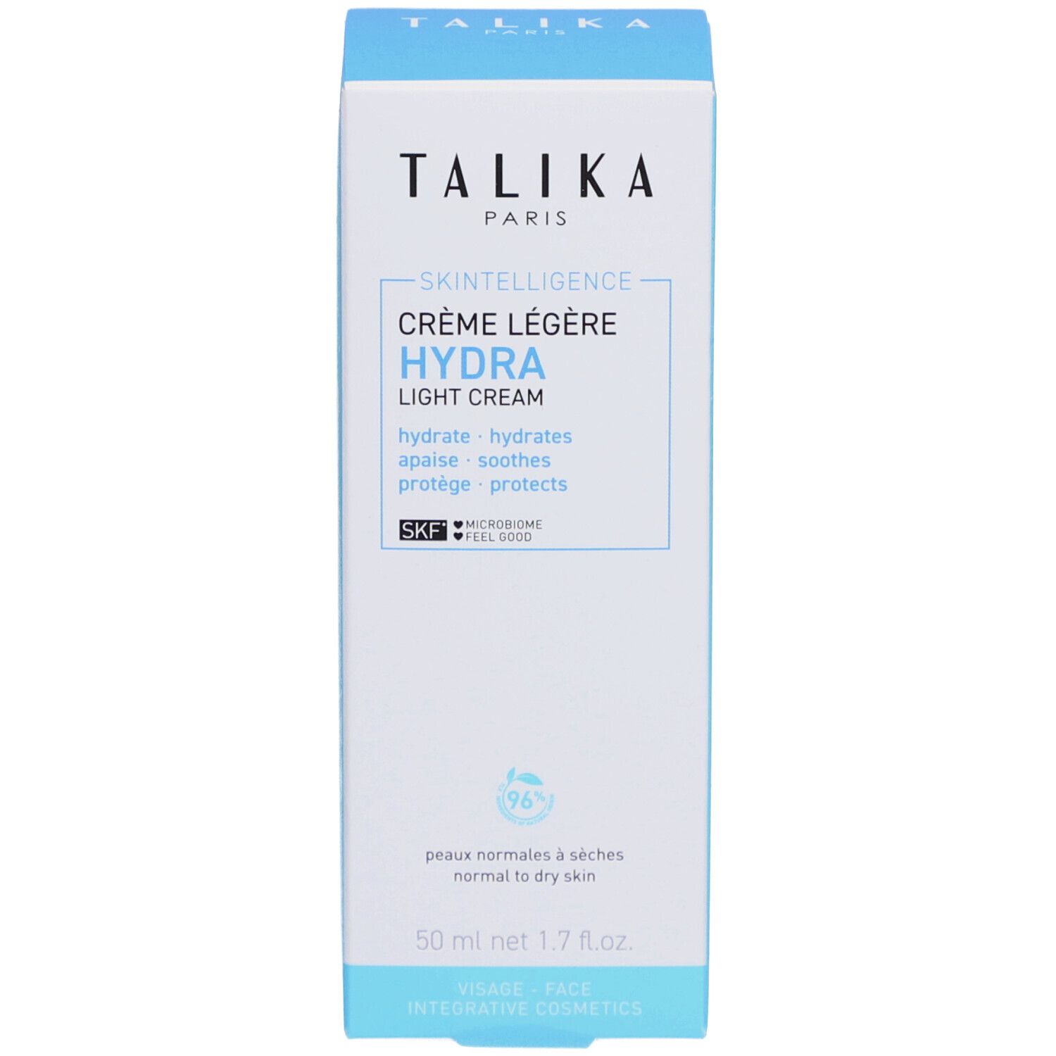 Confezione bianca con informazioni sul prodotto. Testo: "TALIKA", "SKINTELLIGENCE HYDRA", crema. 50 ml.