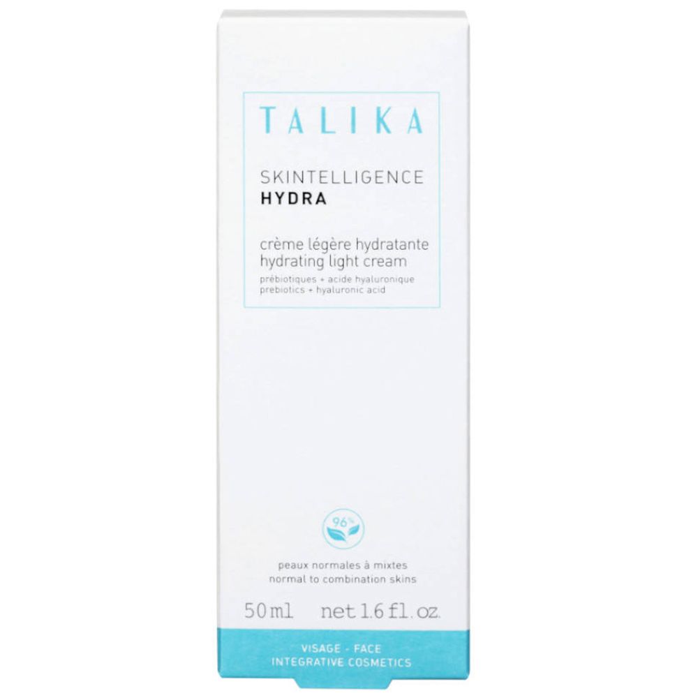 Confezione bianca con informazioni sul prodotto. Testo: "TALIKA", "SKINTELLIGENCE HYDRA", crema.
