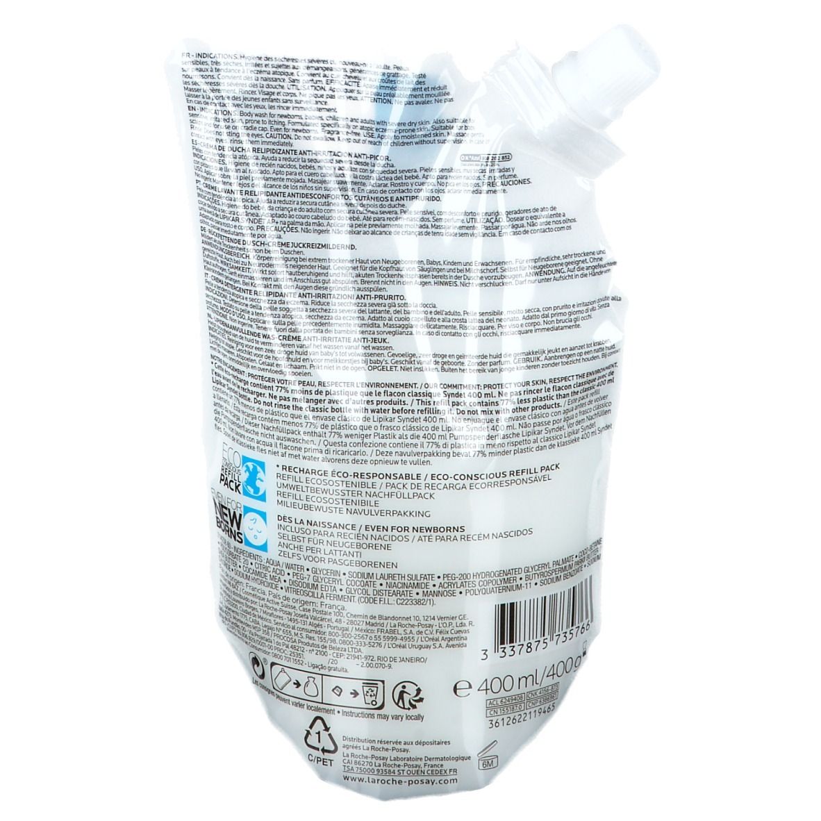 Confezione di ricarica con beccuccio, 400 ml. Contiene informazioni sul prodotto e simboli.