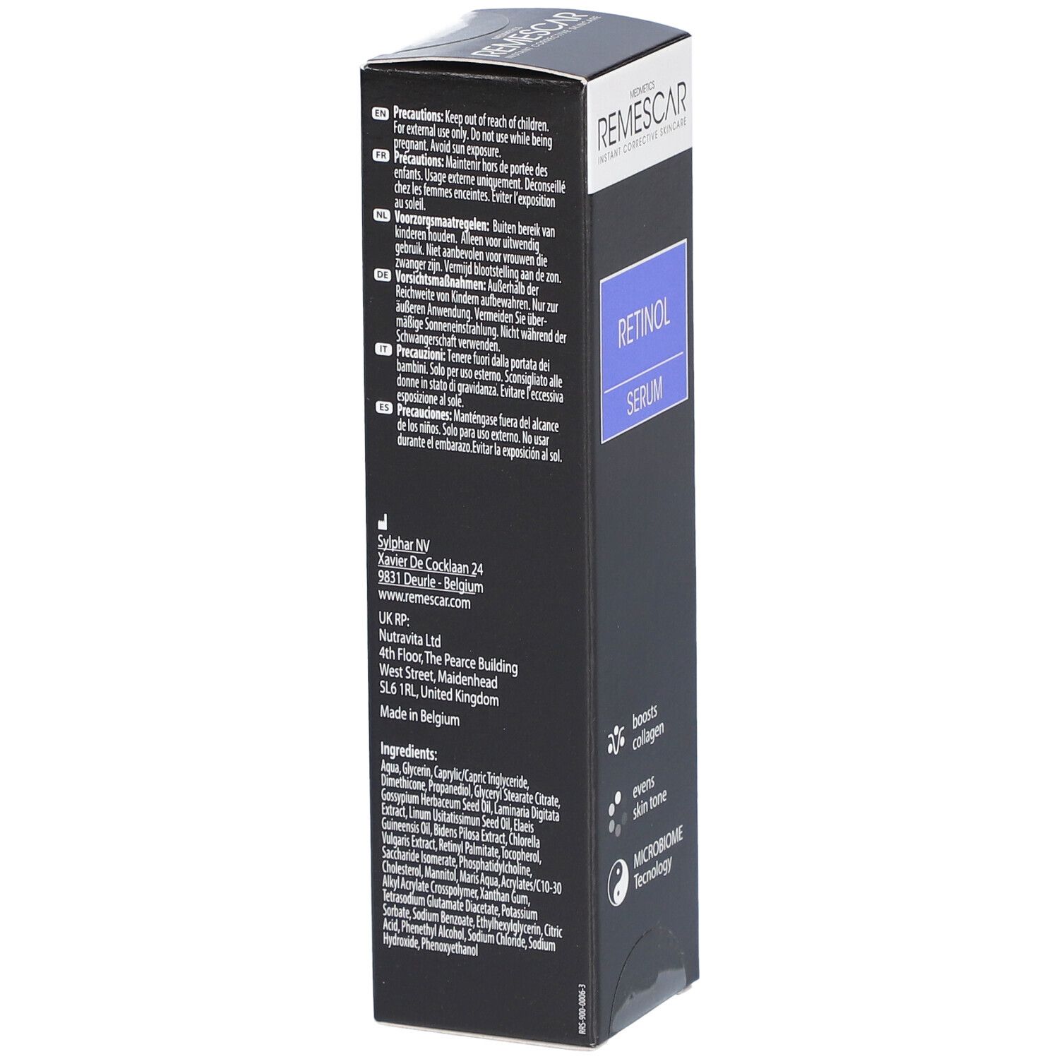 Retro della confezione del prodotto. Testo multilingue. Contiene informazioni sugli ingredienti e sul produttore.