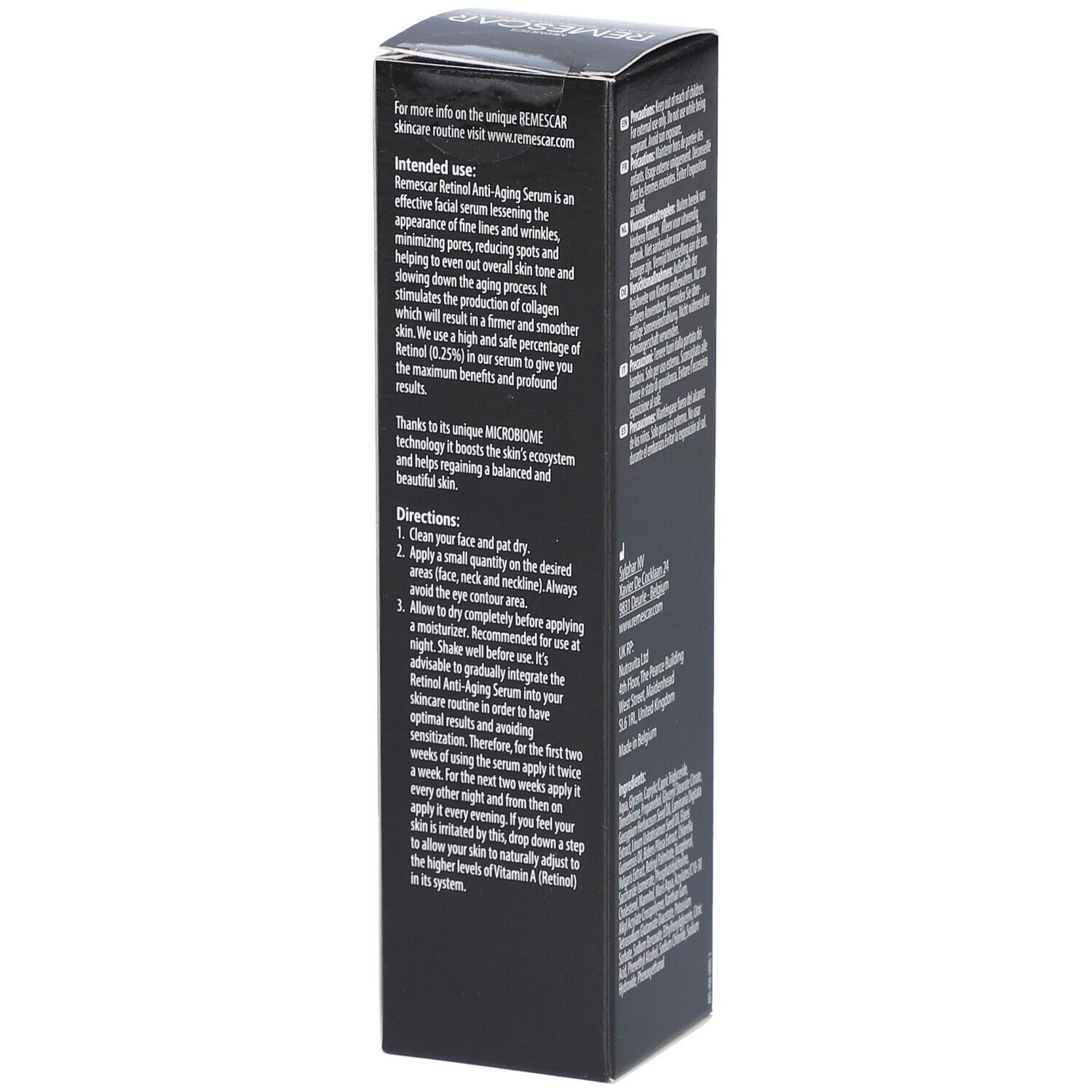 Lato della confezione del prodotto. Testo multilingue. Contiene informazioni sull'uso e sulla tecnologia.