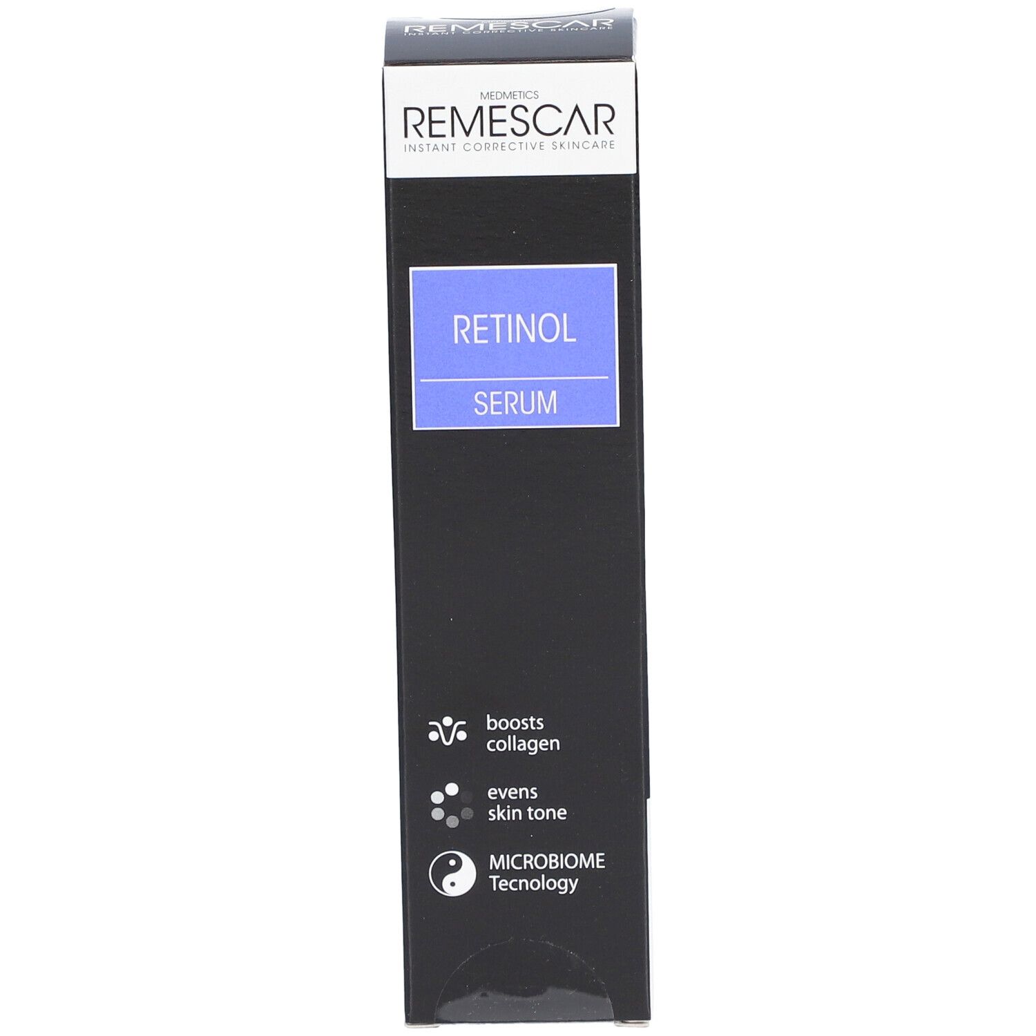 Confezione nera con informazioni sul prodotto. "Remescar" in alto. Prodotto: Siero al retinolo.