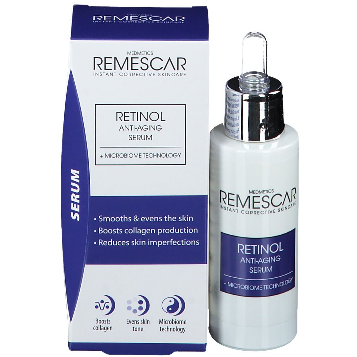 Confezione e flacone del prodotto. Visibili "Remescar" e "Retinol Anti-Aging Serum". Contiene una pipetta.