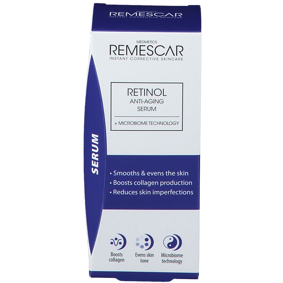 Confezione del prodotto. Visibili "Remescar" e "Retinol Anti-Aging Serum". Contiene informazioni sul prodotto.