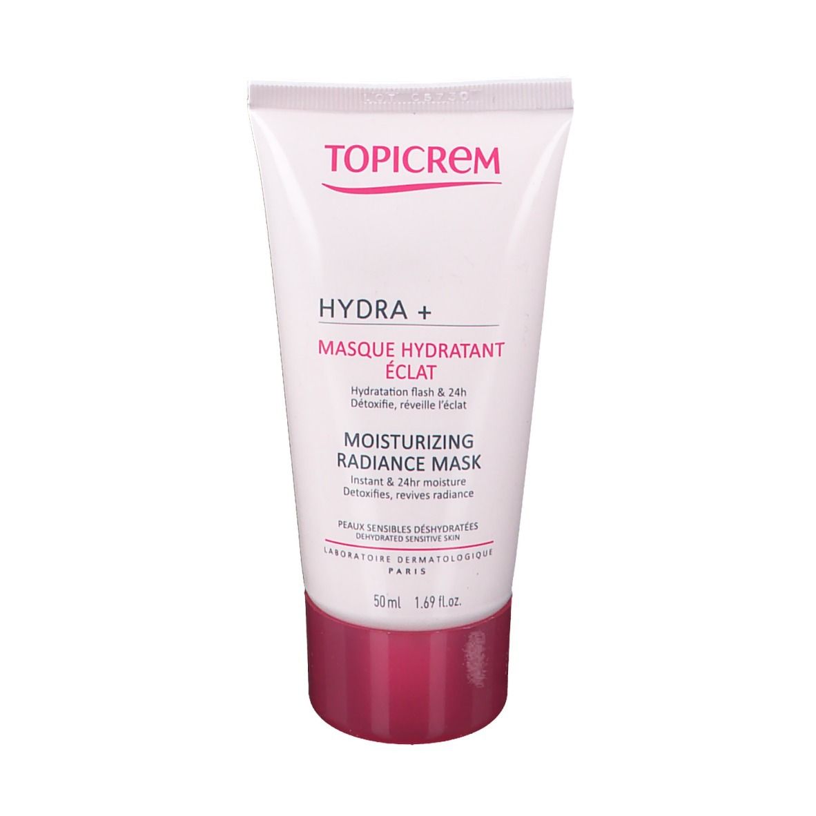 Tubo bianco con tappo rosa. Scritte TOPICREM, HYDRA+ Masque Hydratant Éclat, Moisturizing Radiance Mask. 50ml.