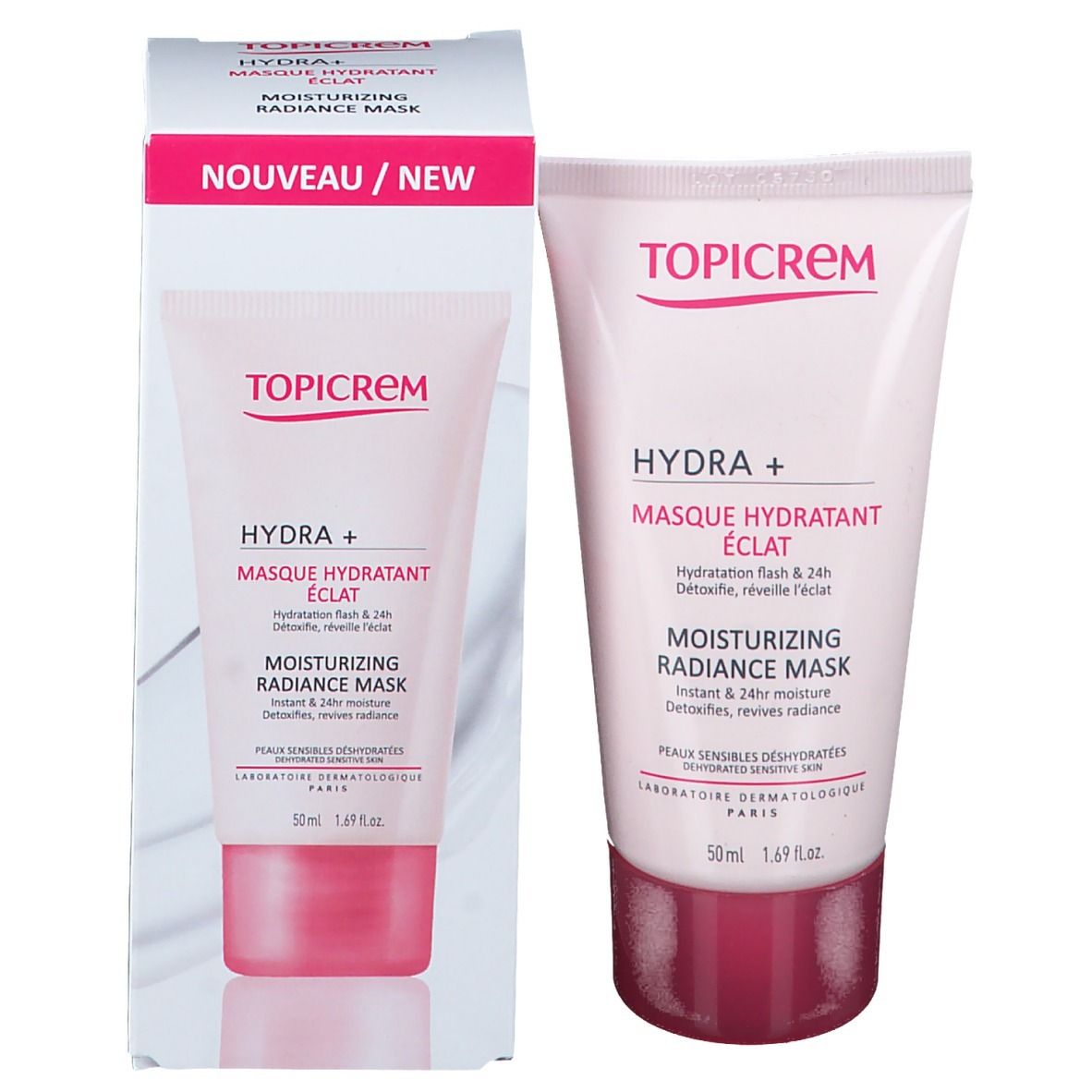 Prodotto e confezione. Tubo e scatola. Scritte TOPICREM, HYDRA+ Masque Hydratant Éclat, Moisturizing Radiance Mask.