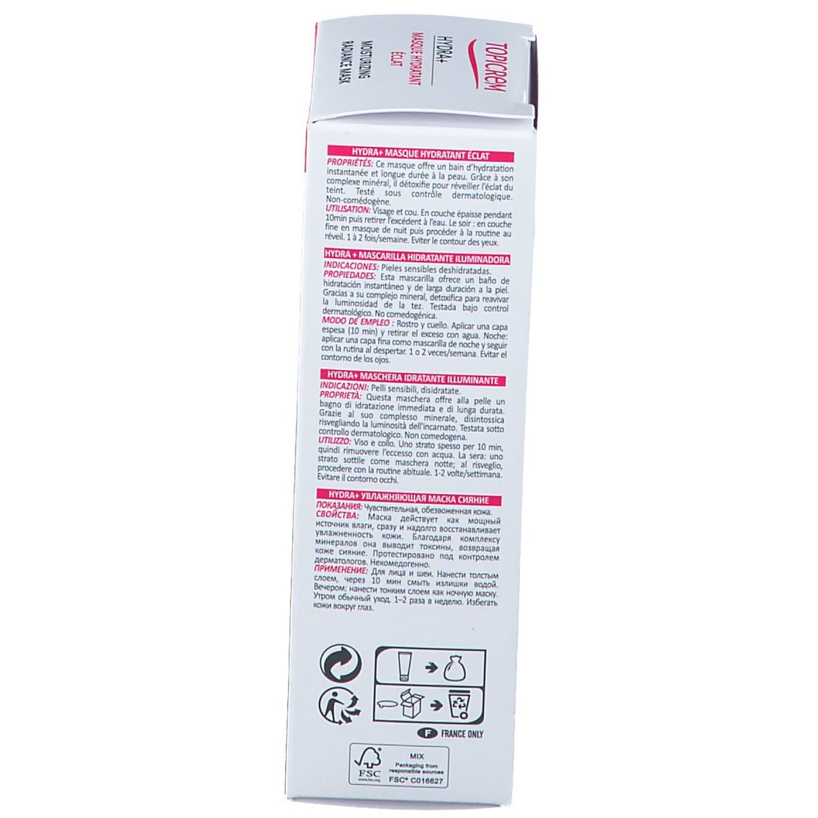 Scatola. Scritte TOPICREM, HYDRA+ Masque Hydratant Éclat, Moisturizing Radiance Mask. Testo multilingue.