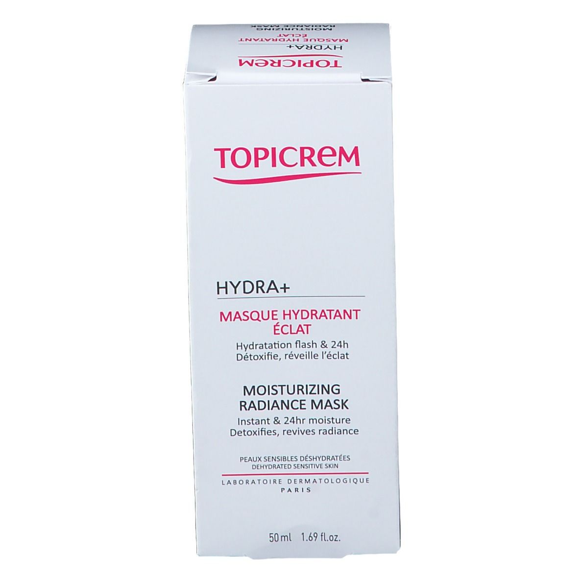 Scatola. Scritte TOPICREM, HYDRA+ Masque Hydratant Éclat, Moisturizing Radiance Mask. 50ml.