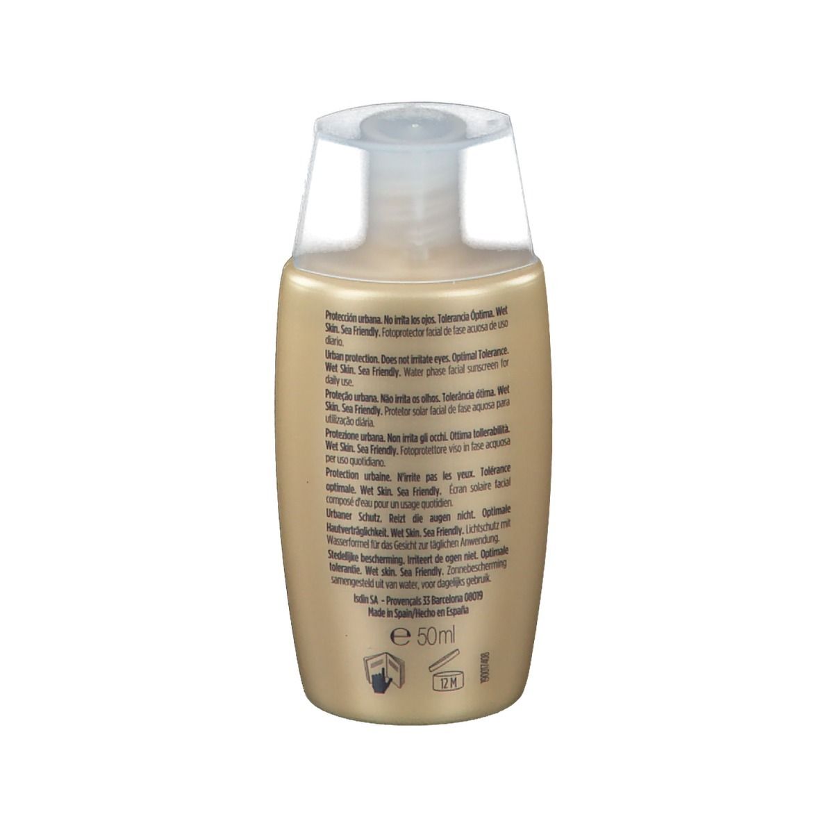 Retro del flacone ISDIN Fotoprotector Fusion Water Urban. Testo e informazioni stampate.