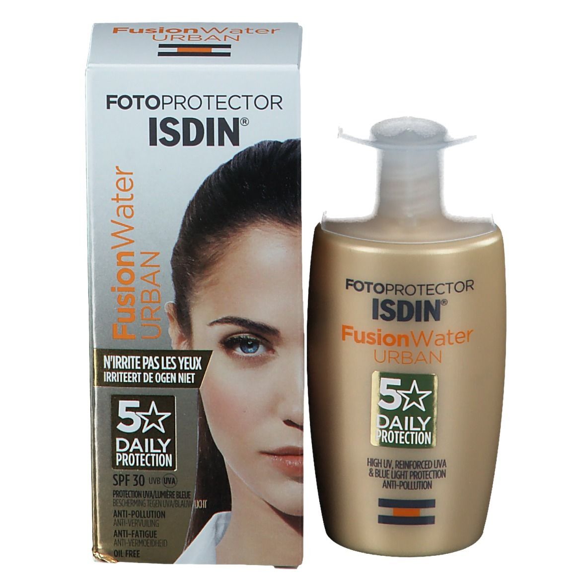 Flacone e confezione ISDIN Fotoprotector Fusion Water Urban. Viso di donna. Testo: Non irrita gli occhi.