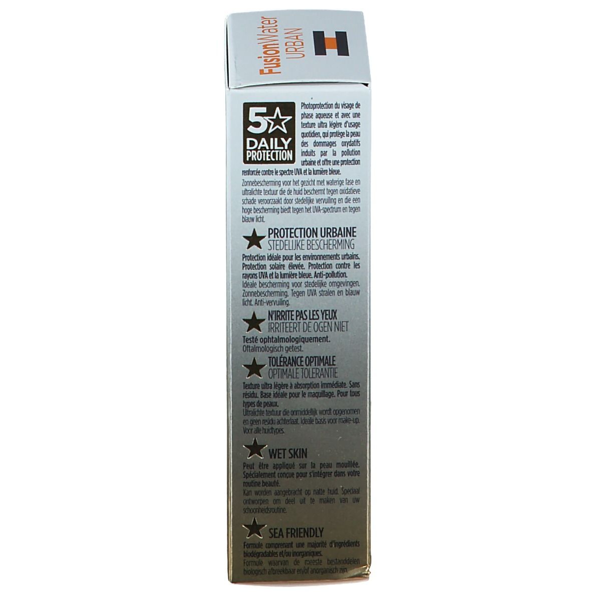 Flacone ISDIN Fotoprotector Fusion Water Magic Urban. 5 stelle Daily Protection, SPF 30. Tappo trasparente.