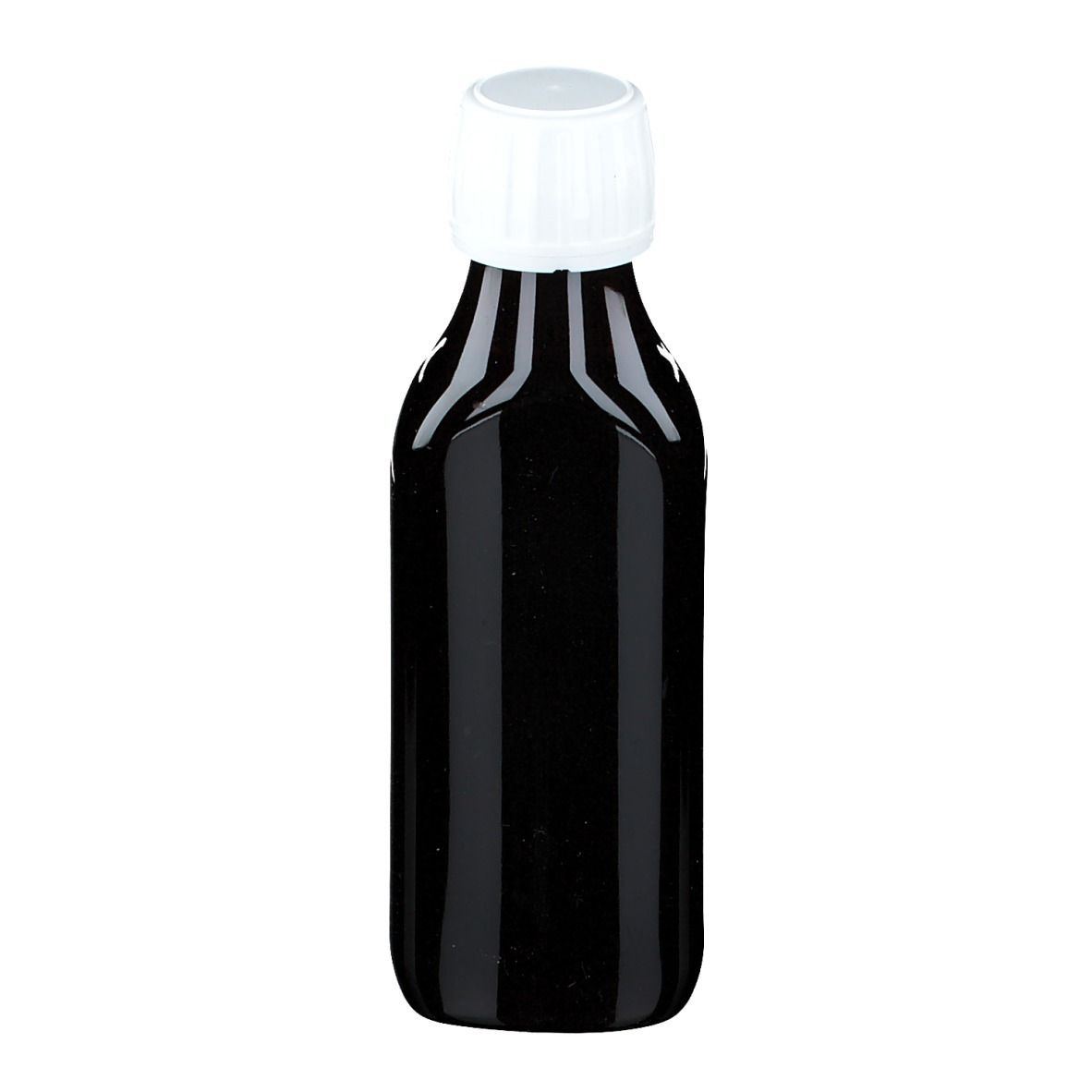 Flacone marrone con tappo bianco. Nessuna scritta visibile.