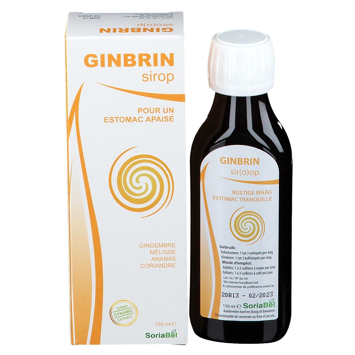Confezione prodotto con flacone. Scritte: Ginbrin sciroppo, Pour un Estomac Apaisé. SoriaBel. Flacone: Ginbrin Siriojop, Rustige Maag.