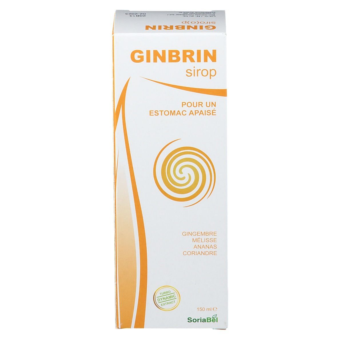 Confezione prodotto bianca. Scritte: Ginbrin sciroppo, Pour un Estomac Apaisé. SoriaBel. Con ingredienti.