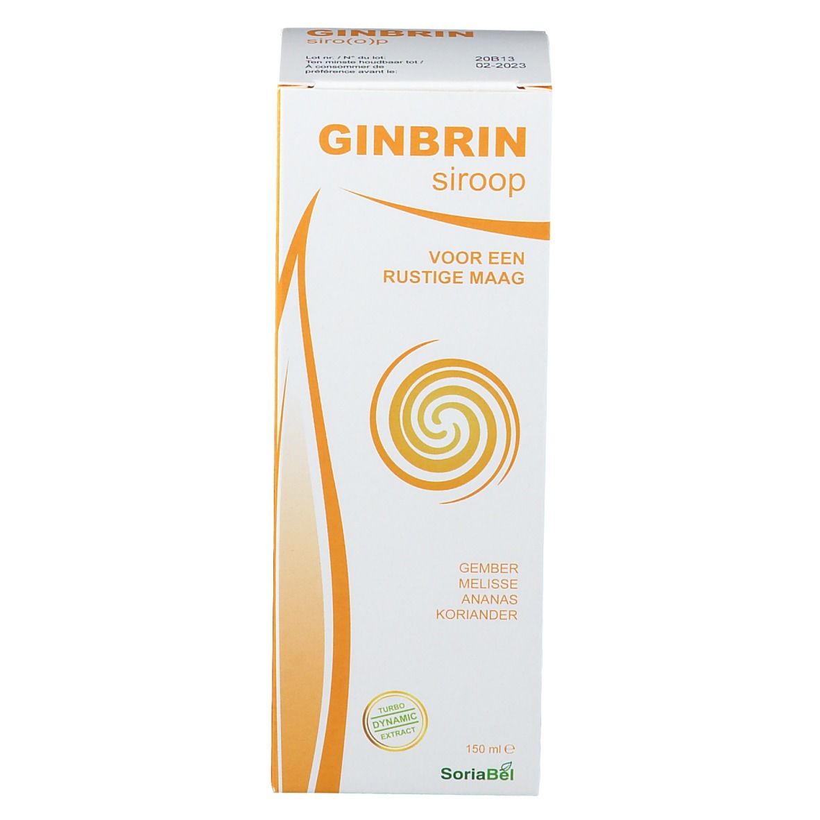 Confezione prodotto. Scritte: Ginbrin sciroppo, Voor een Rustige Maag. SoriaBel. Con ingredienti.