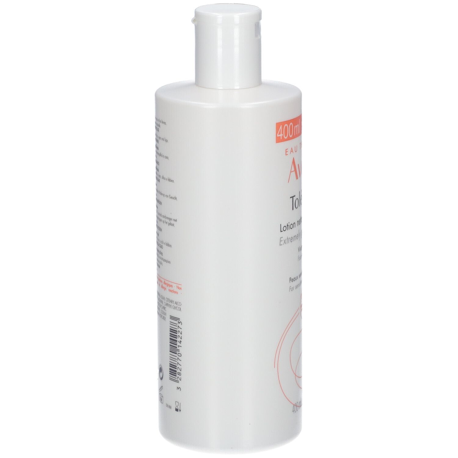 Flacone bianco con tappo bianco a scatto, lozione 400ml, Avene.