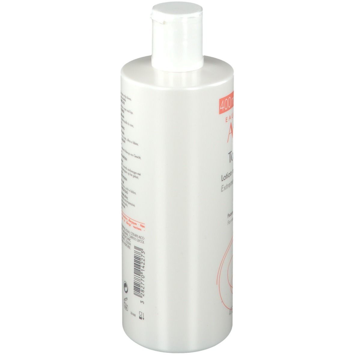 Flacone bianco con tappo bianco a ribalta. Contiene 400ml. Etichettatura in tedesco e francese.