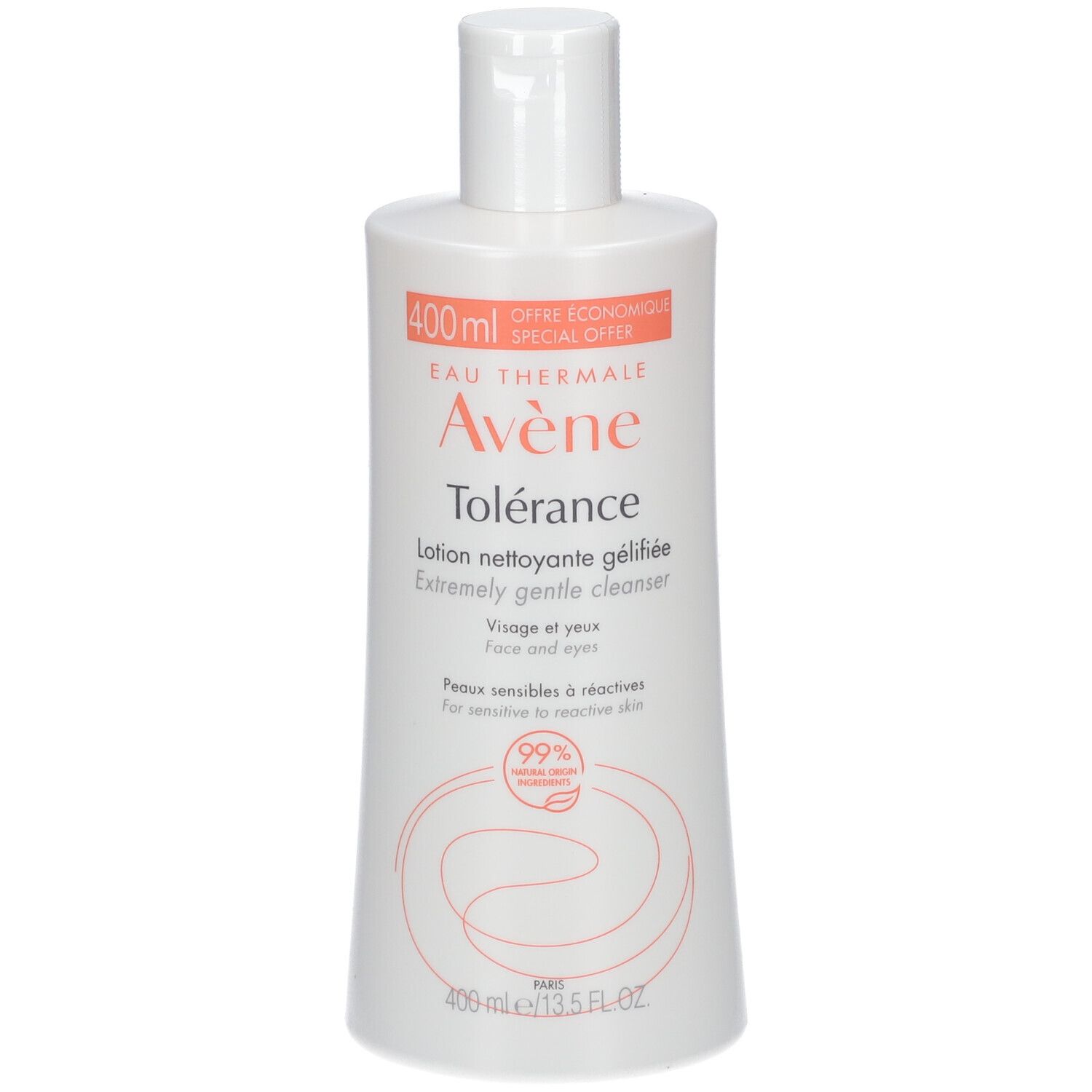 Avène Tolérance: flacone da 400ml di lozione detergente gelificata estremamente delicata per viso e occhi.