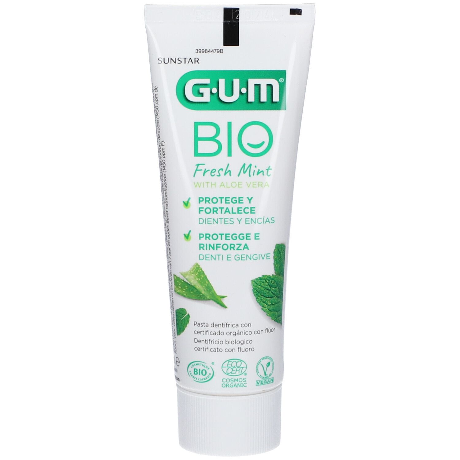 Tubo di dentifricio G.U.M® BIO Fresh Mint. Bianco, logo e testo verdi. Contiene aloe vera. Certificato bio e sigillo Vegan.