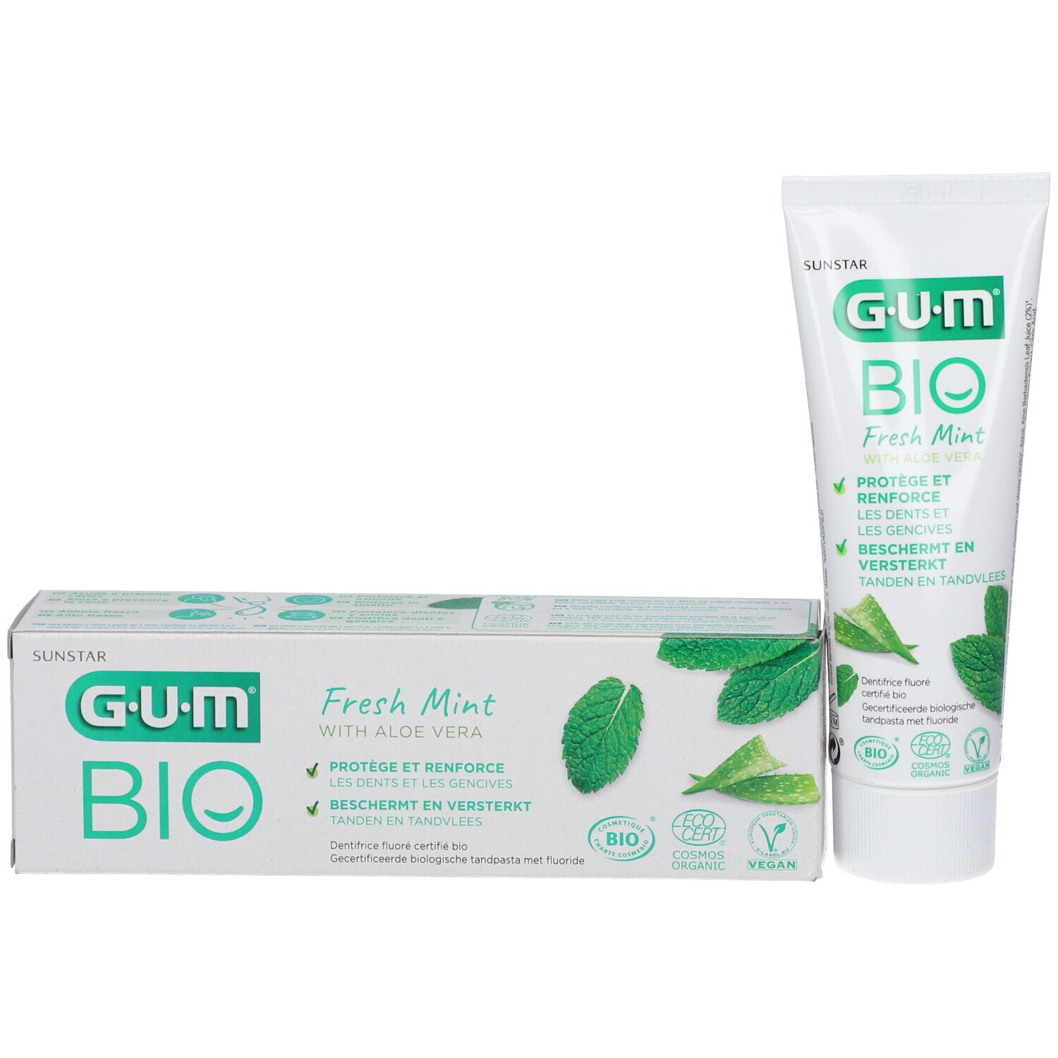 Tubo e confezione di dentifricio G.U.M® BIO Fresh Mint. Bianco, verde. Contiene aloe vera. Certificato bio e sigillo Vegan.