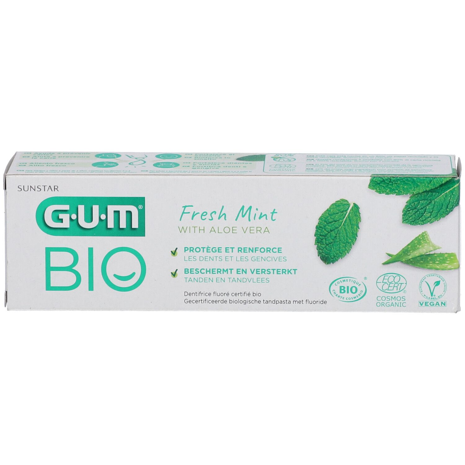 Confezione G.U.M® BIO Fresh Mint. Bianco, verde. Contiene aloe vera. Certificato bio e sigillo Vegan. Testo in tedesco, francese, olandese.