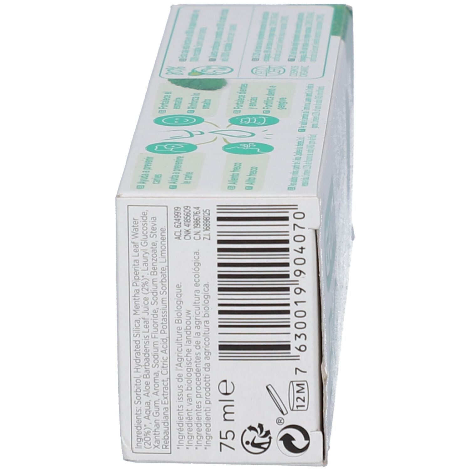 Vista laterale della confezione G.U.M® BIO Fresh Mint. Contiene ingredienti e certificazioni. 75 ml.
