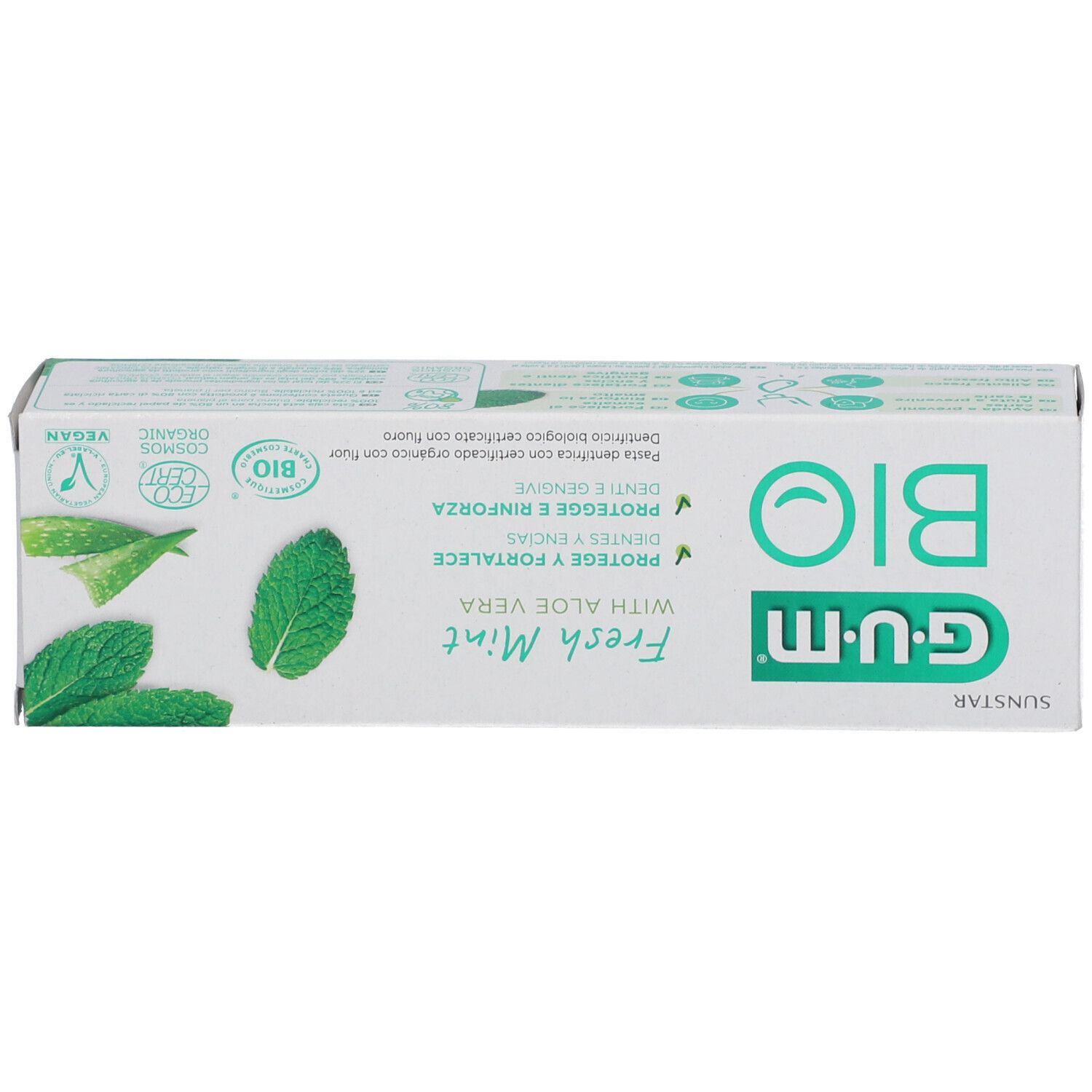 Confezione G.U.M® BIO Fresh Mint. Bianco, verde. Contiene aloe vera. Certificato bio e sigillo Vegan. Testo in tedesco, francese, italiano.