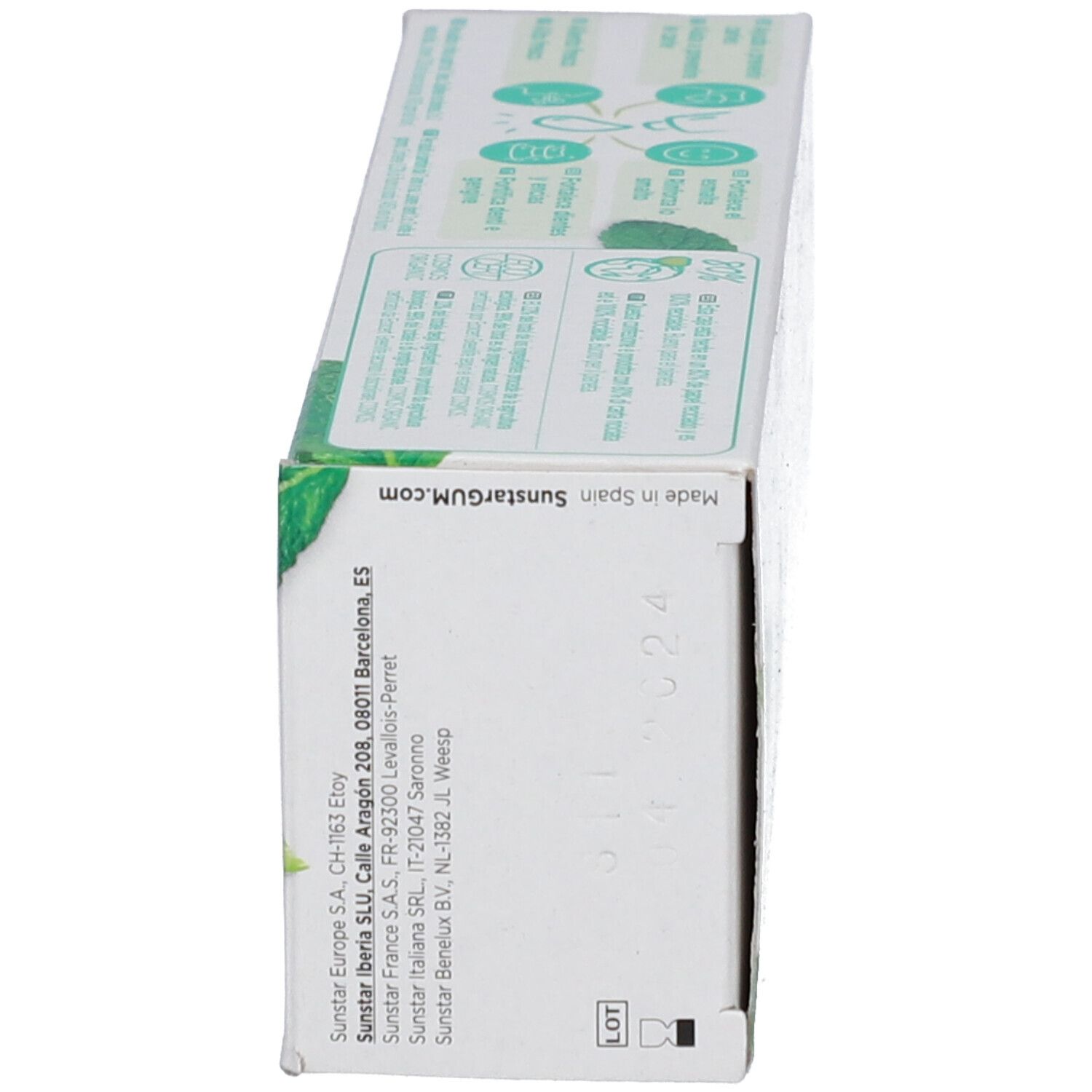 Vista laterale della confezione G.U.M® BIO Fresh Mint. Contiene informazioni di contatto e luogo di produzione.