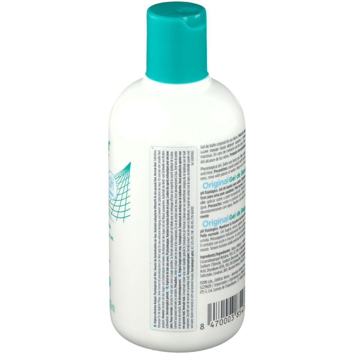 Retro di un flacone bianco con tappo turchese. Testo multilingue, codice a barre.