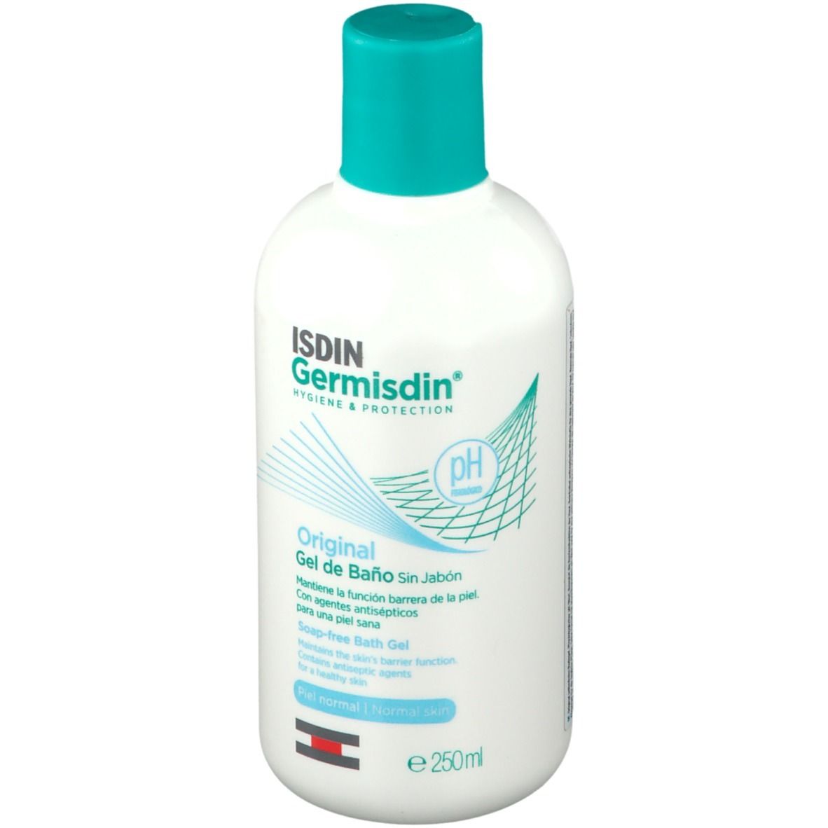 Flacone bianco con tappo turchese. Scritta: ISDIN Germisdin, Original Gel de Baño. Simbolo pH.