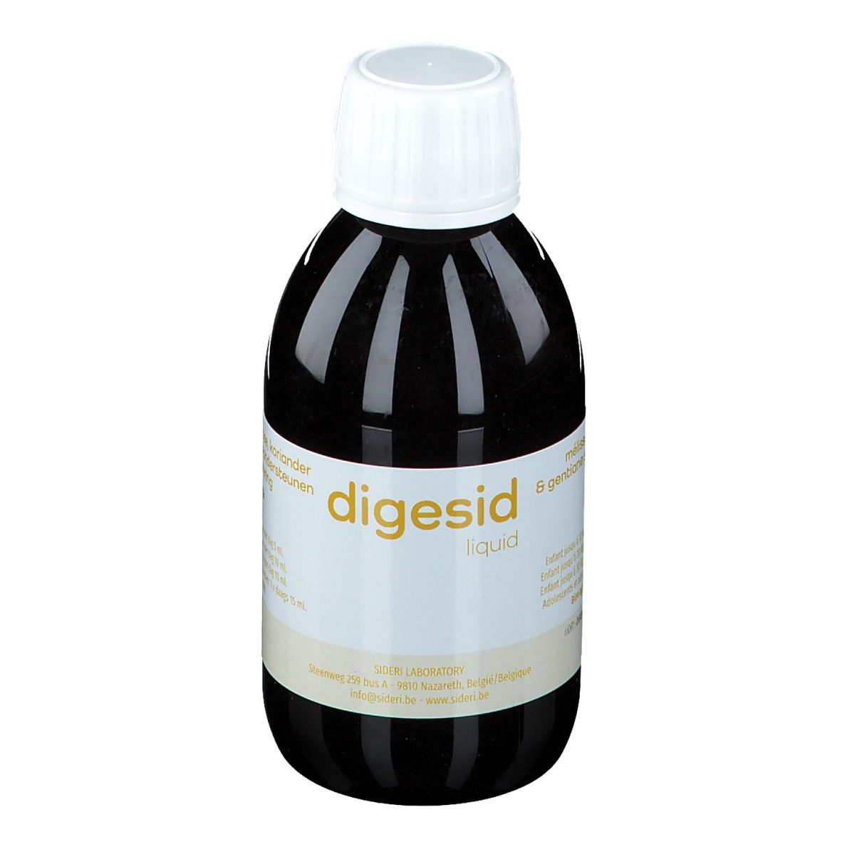 Liquido in bottiglia marrone con tappo bianco. Scritta: digesid liquid.