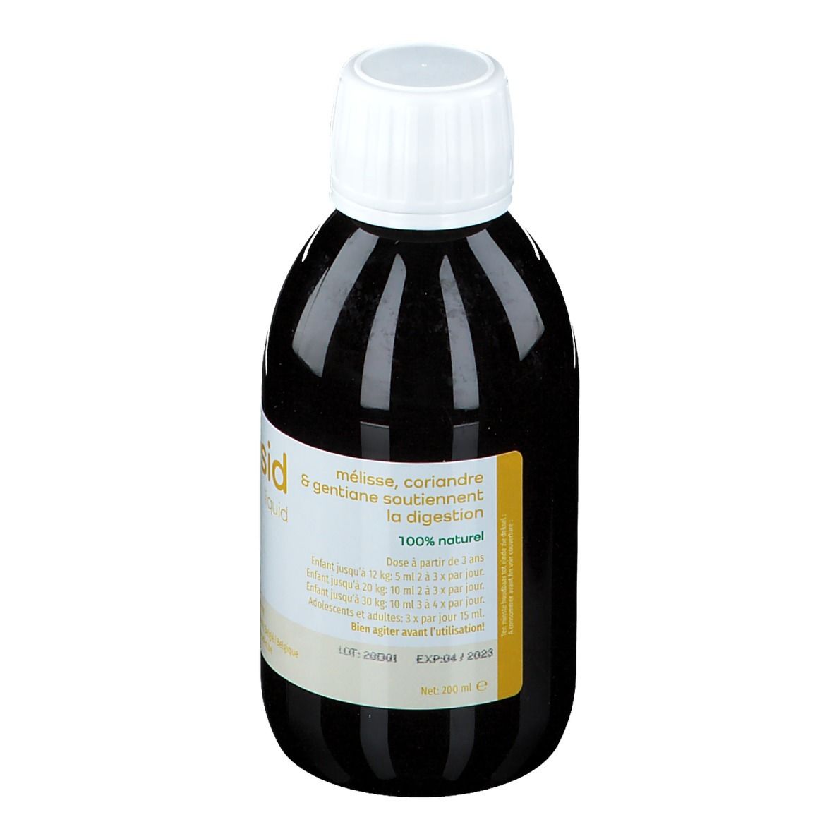 Liquido marrone in bottiglia con tappo bianco. Scritta: digesid liquid. Contiene melissa, coriandolo, genziana.