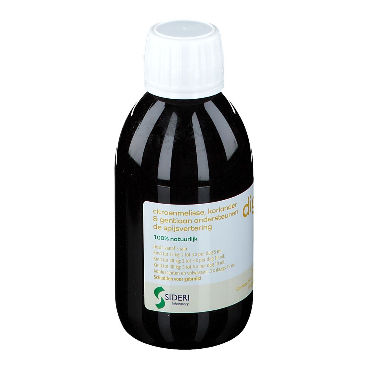 Liquido marrone in bottiglia con tappo bianco. Scritta: digesid liquid. Contiene melissa, coriandolo, genziana.