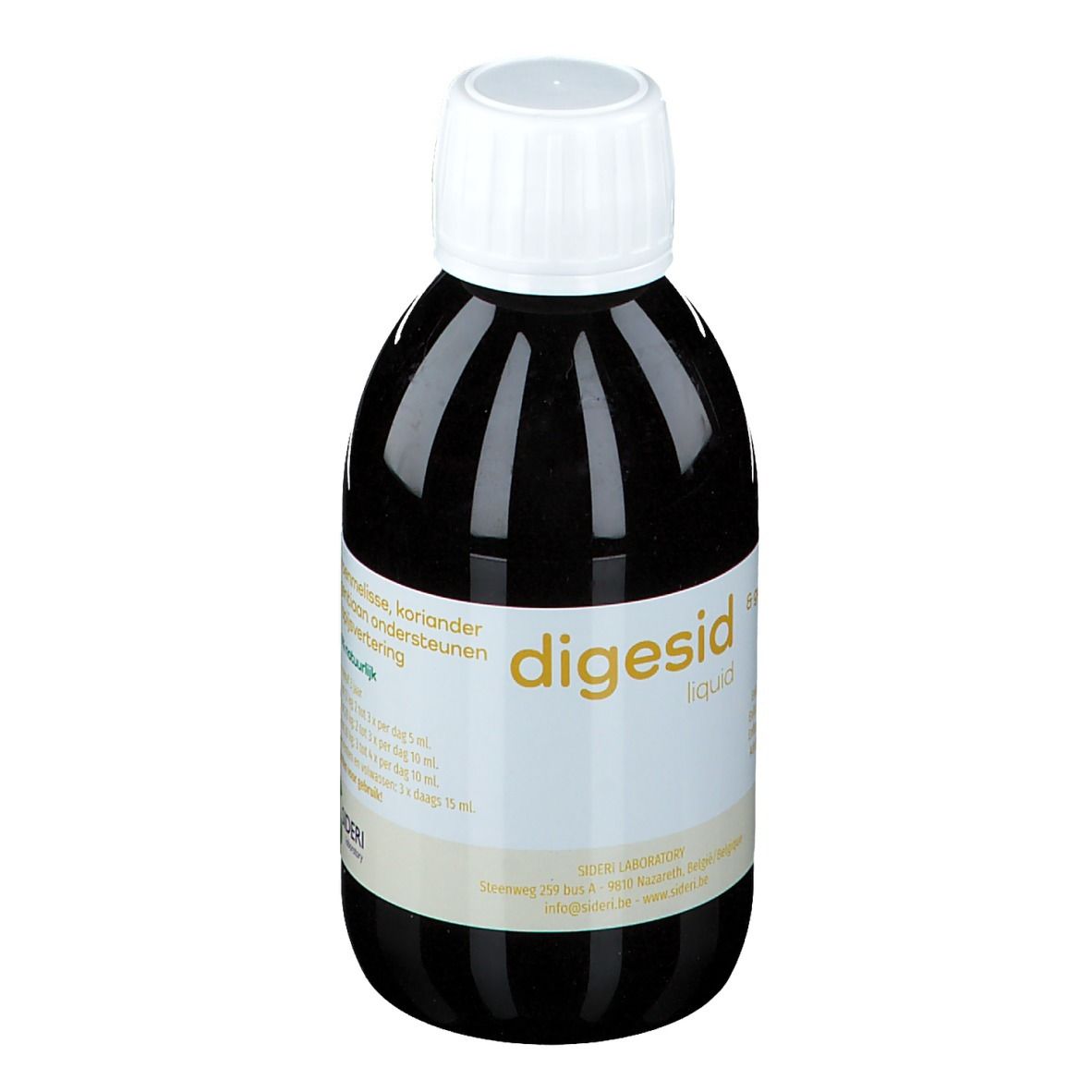 Liquido marrone in bottiglia con tappo bianco. Scritta: digesid liquid. Contiene melissa, coriandolo, genziana.