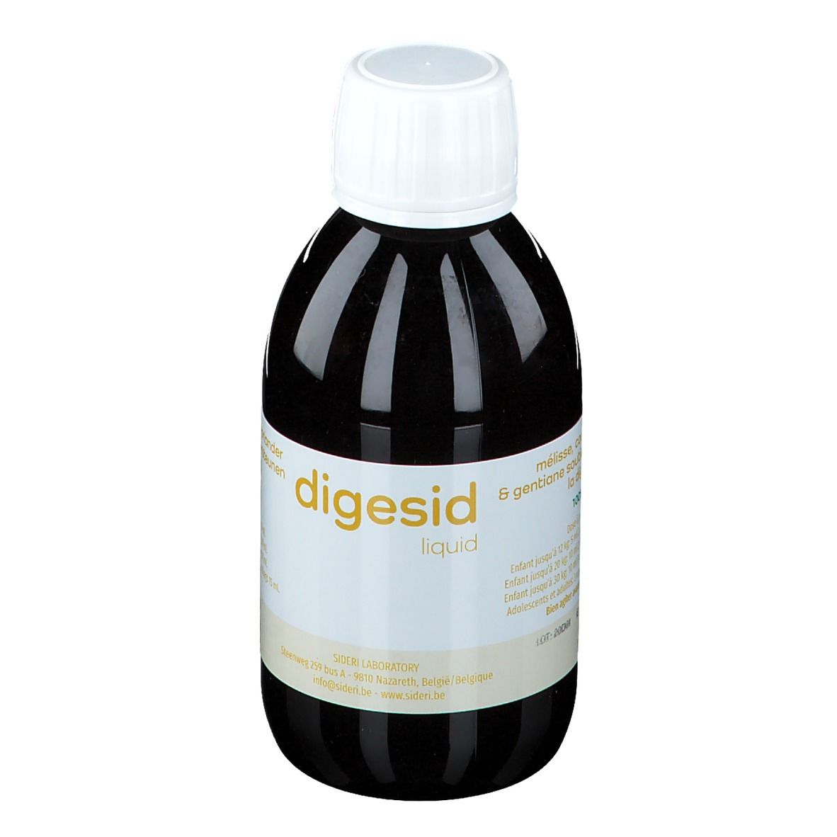 Liquido marrone in bottiglia con tappo bianco. Scritta: digesid liquid. Contiene melissa, coriandolo, genziana.