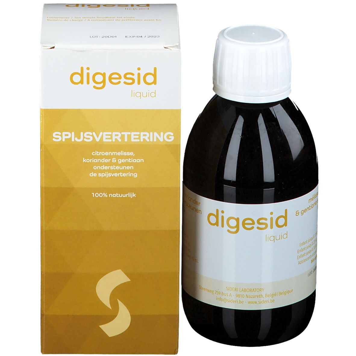 Confezione del prodotto con bottiglia. Scritta: digesid liquid. Contiene melissa, coriandolo, genziana.