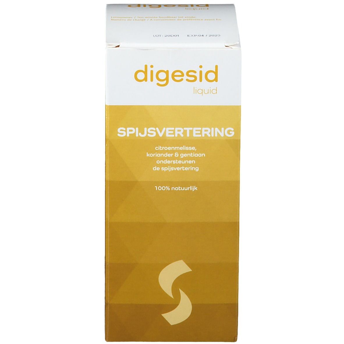 Confezione del prodotto. Scritta: digesid liquid. Contiene melissa, coriandolo, genziana.