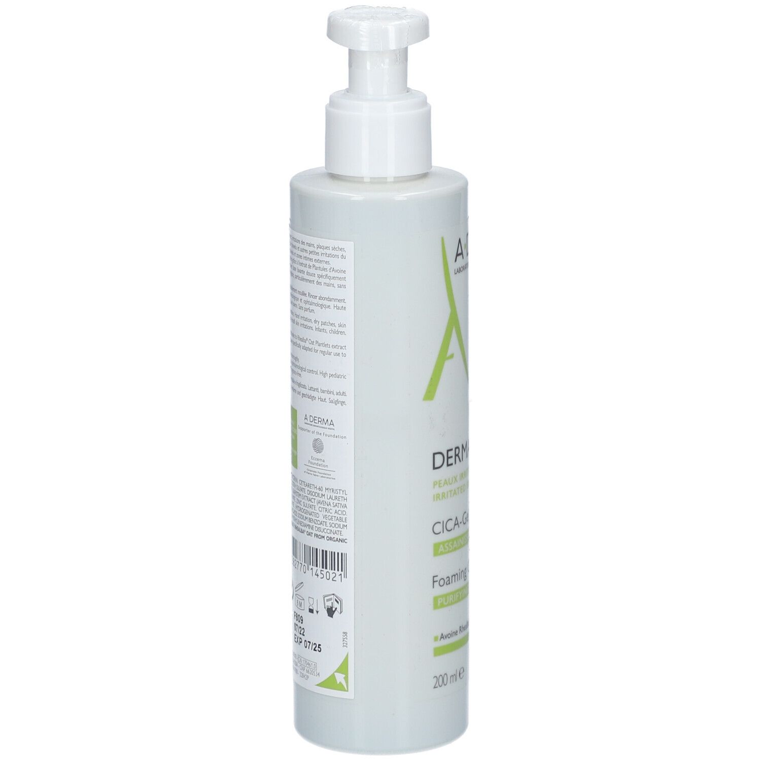 Flacone verde con dosatore. Retro con testo e codice a barre. A-DERMA, DERMALIBOUR+, CICA-Gel moussant, Foaming CICA-Gel. 200ml.