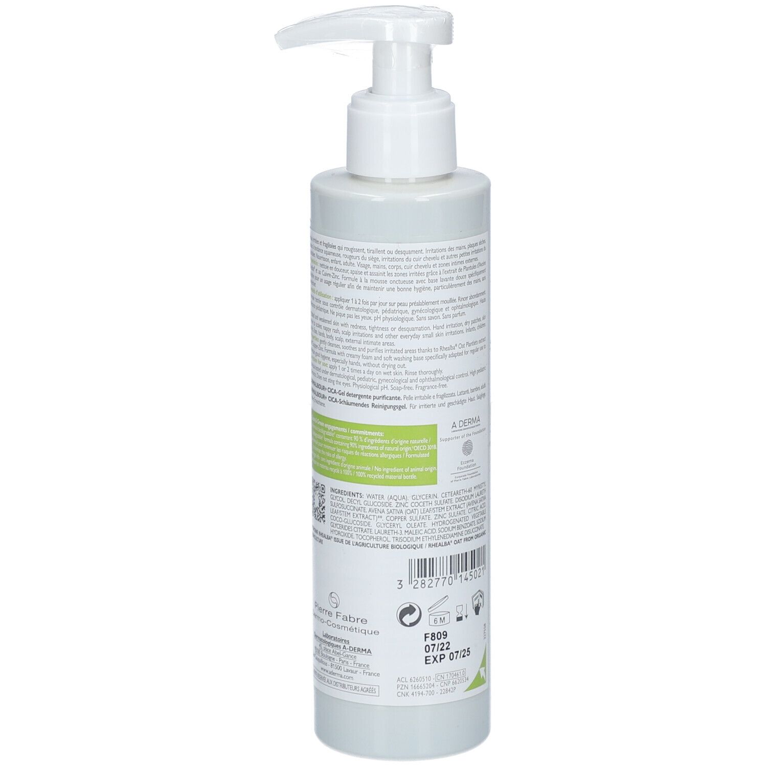 Flacone verde con dosatore. Retro con testo e codice a barre. A-DERMA, DERMALIBOUR+, CICA-Gel moussant, Foaming CICA-Gel. 200ml.