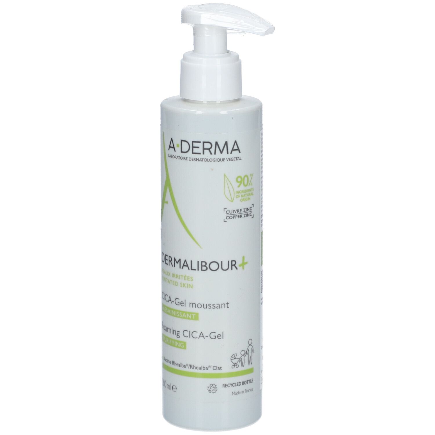Flacone verde con dosatore. Scritte: A-DERMA, DERMALIBOUR+, CICA-Gel moussant, Foaming CICA-Gel. 200ml.