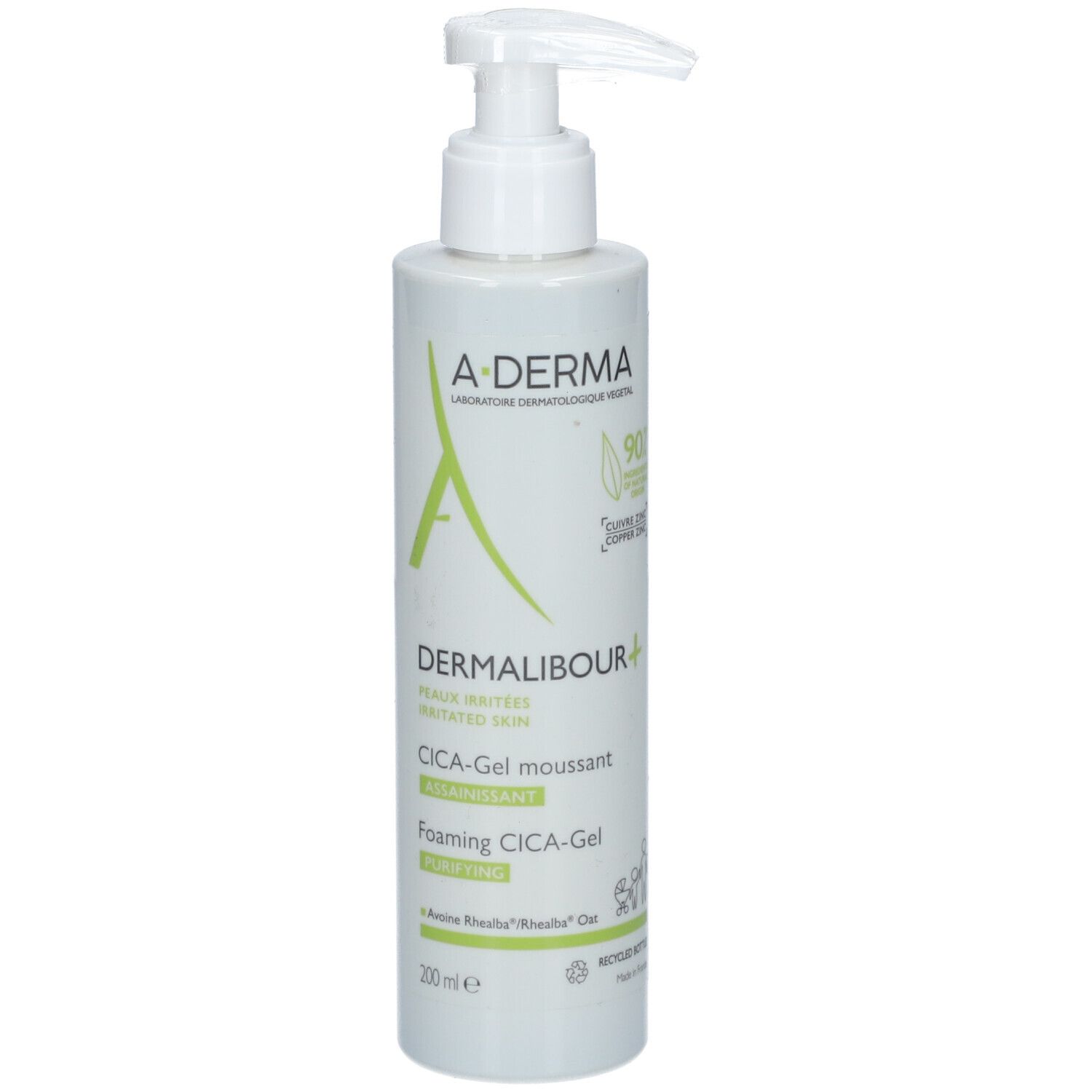 Flacone verde con dosatore. Scritte: A-DERMA, DERMALIBOUR+, CICA-Gel moussant, Foaming CICA-Gel. 200ml.