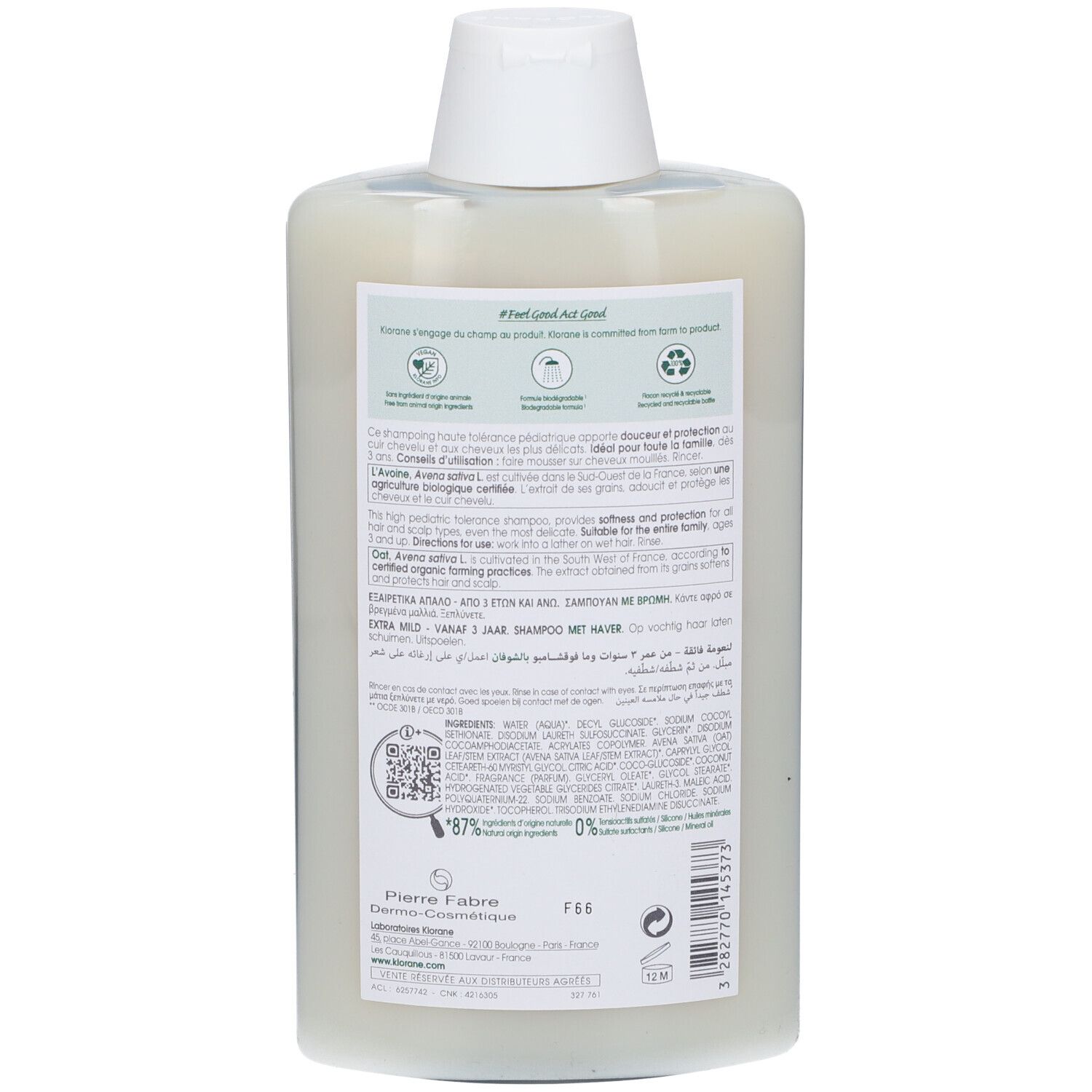 Flacone bianco con tappo bianco, retro con informazioni sul prodotto e ingredienti.