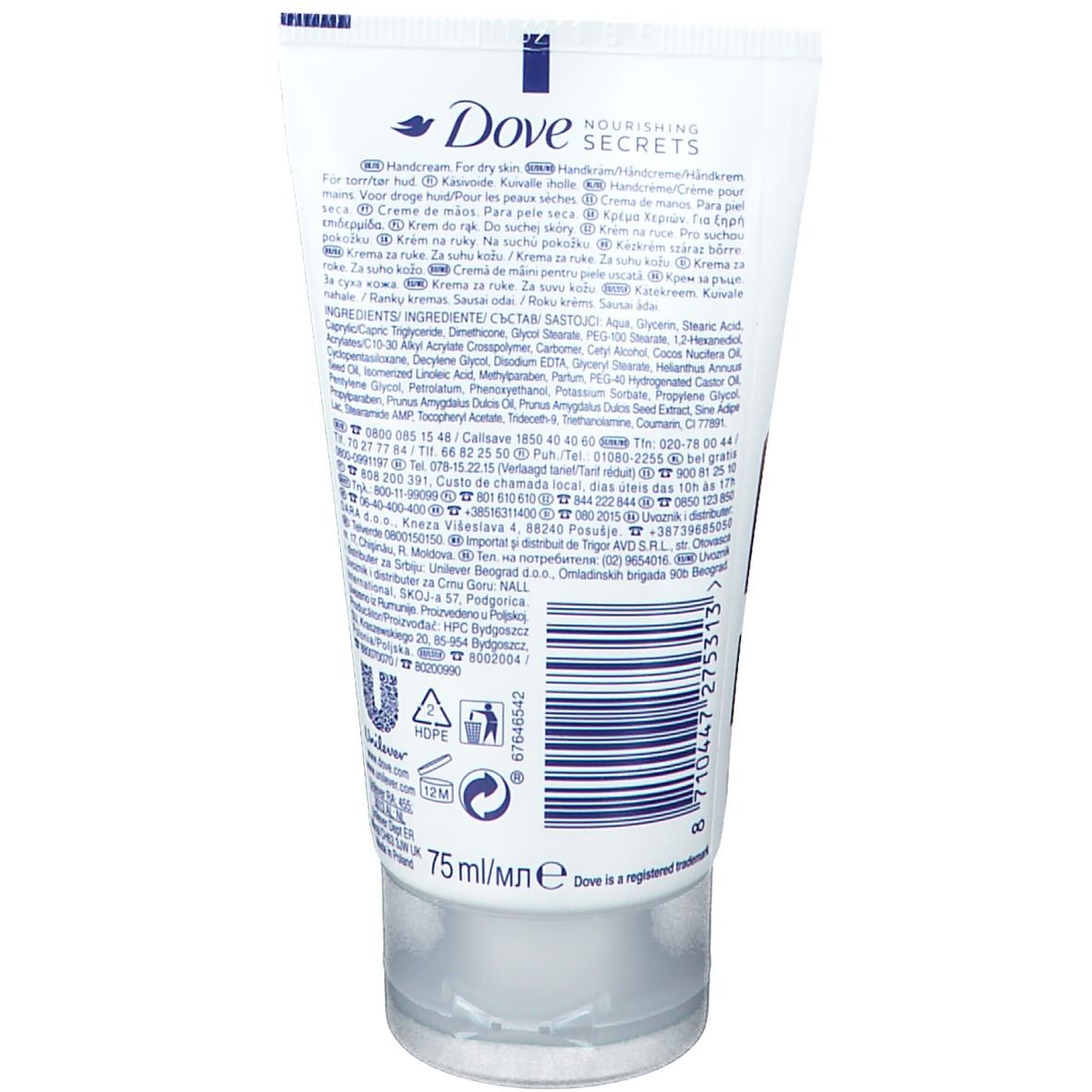 Retro del tubo bianco Dove Nourishing Secrets Hand Cream. Testo e loghi. 75 ml. Simbolo di riciclo.