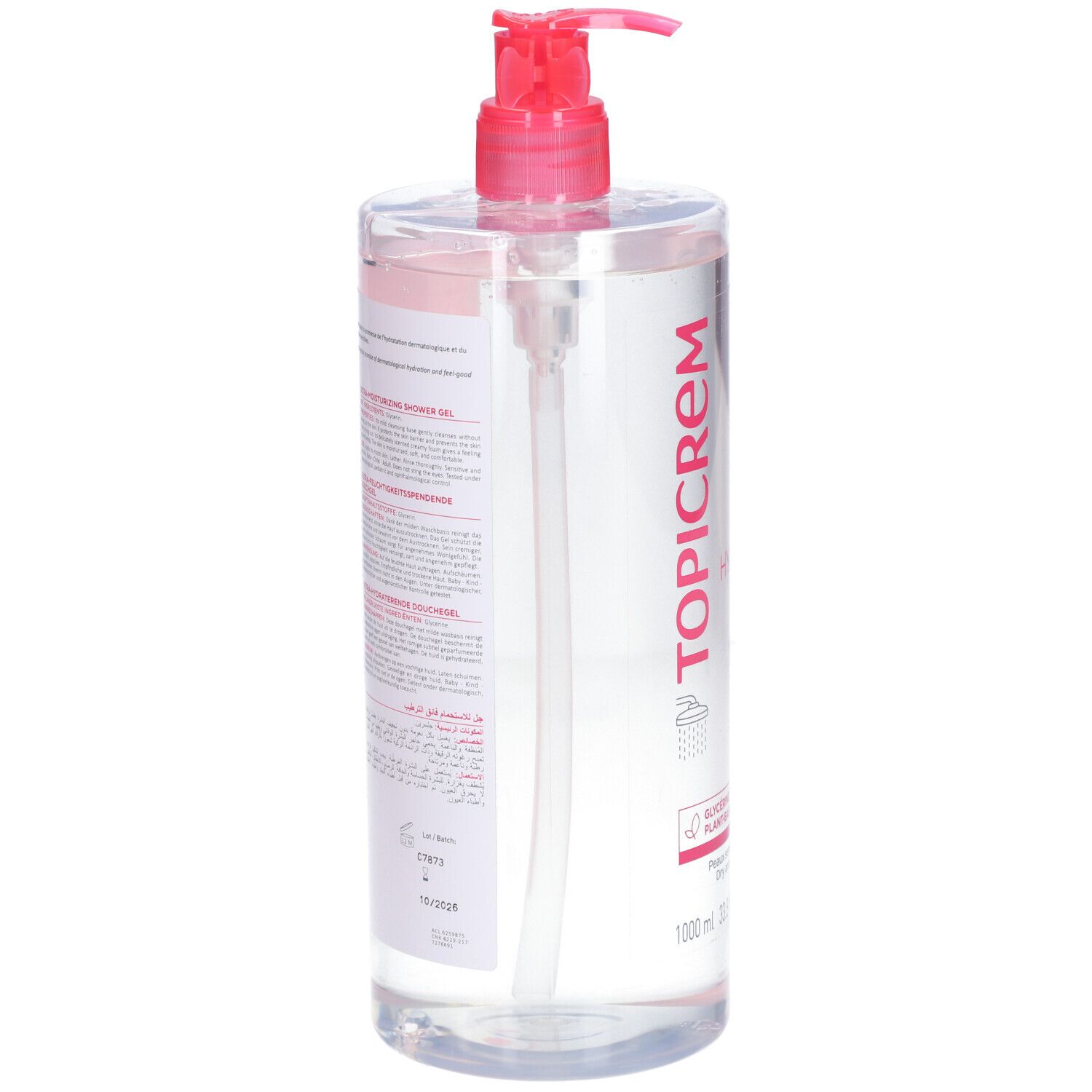 Flacone trasparente di gel doccia TOPICREM con etichetta rosa e dosatore. Testo sul retro. 1000 ml.